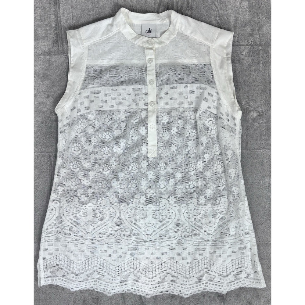 Cabi Prudence White Floral Lace Sleeveless Top‎ XS Sheer Button Front